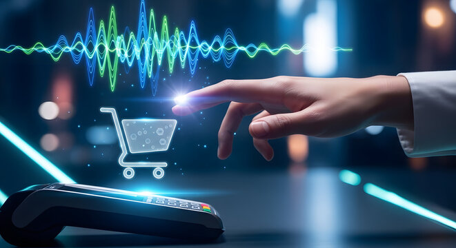 A human hand interacts with a glowing virtual shopping cart above a modern payment terminal.