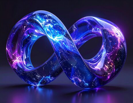 A cosmic infinity symbol with swirling nebulae inside a glossy, translucent torus on a reflective dark surface