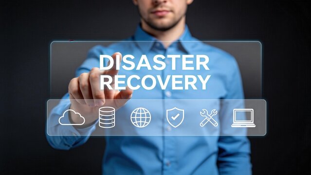 Businessman touching disaster recovery text on virtual screen,data backup and IT continuity planning concept,cloud computing security and system protection interface