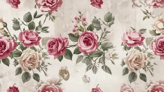 A video showcasing a beautiful floral wallpaper with pink roses and green leaves in a peaceful and serene environment