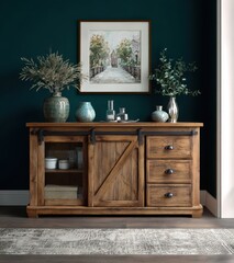 Rustic Wooden Buffet Cabinet with Sliding Barn Door and Artwork Above Dark Teal Wall