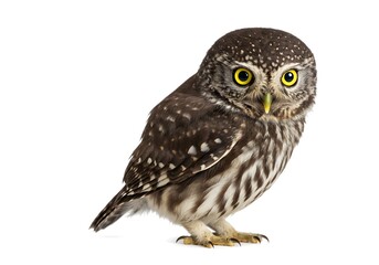 Small, adorable owl with big yellow eyes and brown and white feathers on a white background, looking directly at the camera.