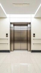 Modern Stainless Steel Elevator Doors in Minimalist Interior Corridor with Neutral Tile Floor