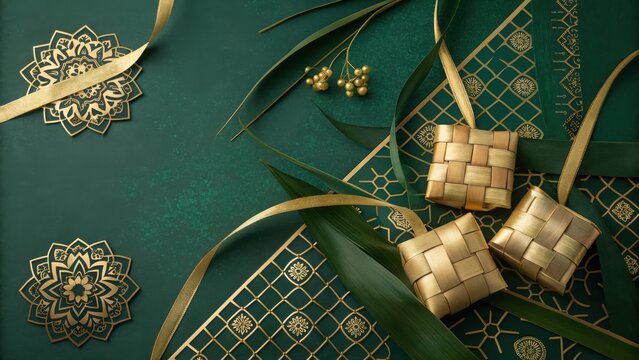 Ketupat and Raya Decorations with Gold and Green Accents