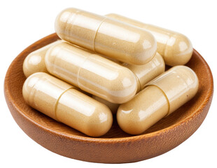 supplement capsules on a small wooden plate isolated on transparent background