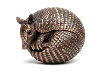 Obraz premium Armadillo curled up in a defensive ball, showing its armored shell and sharp claws, isolated on a white background, highlighting its unique texture and wildlife characteristics.