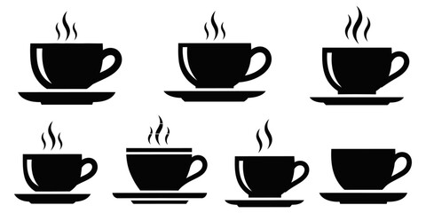Fototapeta premium Coffee cup icon set vector with hot drink mug silhouettes, steaming beverage symbols and cafe cup variations for web, app and menu design
