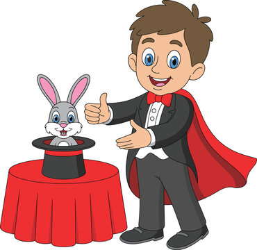 Cartoon magician vector illustration with rabbit in top hat, happy stage performer for magic show design