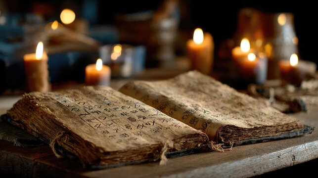 A large, aged book lies open on a wooden table, pages filled with cryptic symbols