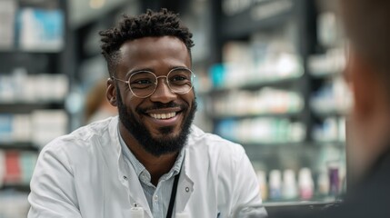 Fototapeta premium A smiling African American pharmacist, wearing a white lab coat and glasses, interacts cheerfully with a customer at a well-lit pharmacy. Shelves stocked with various medical products are visible