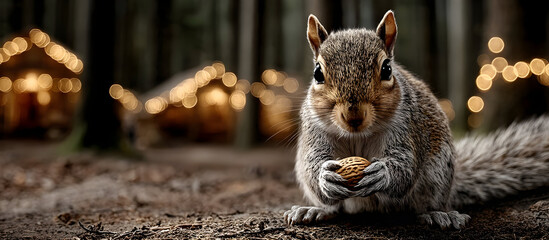 A cute little squirrel is holding an acorn in its paws, sitting on the ground with trees and lights behind it. It has soft fur. Generated Ai
