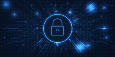 Vector illustration of a pad locked at the center of digital circuit network for cybersecurity artwork and backgrounds. © Alleachday