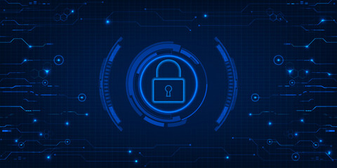 Vector illustration of a pad locked at the center of digital circuit network for cybersecurity artwork and backgrounds. © Alleachday