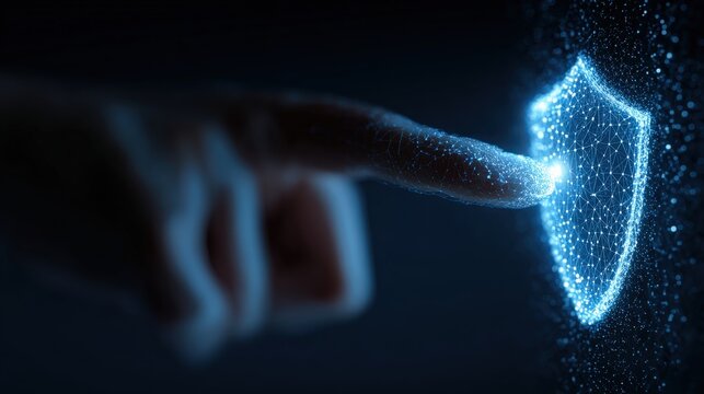Depicting the fusion of technology and human interaction, a luminous shield symbol is activated by the touch of a fingertip. ..Created with Generative AI, not depicting real subjects.