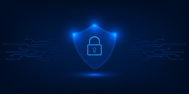 Vector illustration of cyber security artwork and background with futuristic blue shield and padlock on the cyberspace and hi tech digital circuit patterns. 