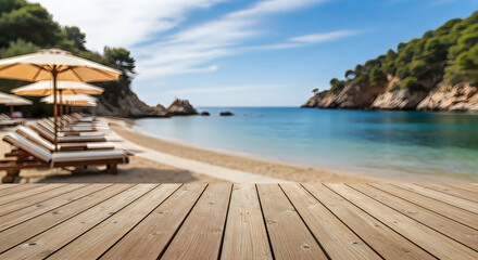 Fototapeta premium A serene beach scene with lounge chairs and umbrellas