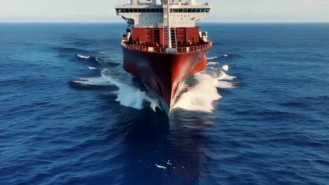 Large industrial cargo ship sailing in blue ocean with white water spray macro bow view
