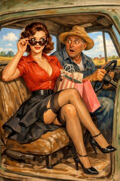 Retro pin up illustration of a stylish woman teasingly adjusting sunglasses in a rustic truck beside a shocked farmer, ideal for vintage humor, advertising, and nostalgia themes.