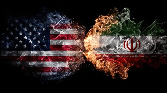 An illustration depicting the flags of America and Iran in a fiery conflict, symbolizing geopolitical tension and conflict.  ..Created with Generative AI, not depicting real subjects.