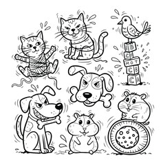 A set of cartoon animals, including cats, dog, bird, and hamster, illustrated in a playful and whimsical line drawing style on a clean white background.