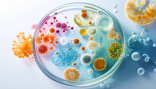 Microbial Universe: A vibrant display of diverse microorganisms thrives within a petri dish, showcasing a spectrum of colors and shapes, illustrating the unseen world of microbiology.