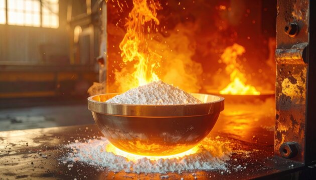 Polished metal crucible filled with white powder erupting in intense fire and heat at industrial furnace