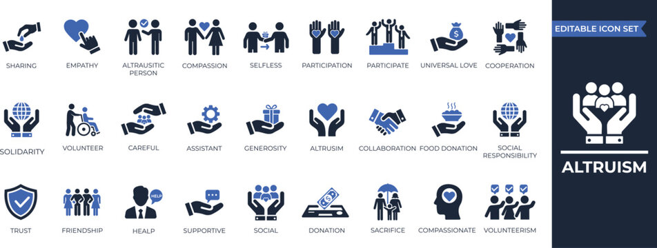 Altruism charity solid icon set for donation, sharing, support, teamwork,  love, loyalty, volunteer,  and community support symbols.