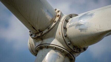 close up wind turbine against cloudy blue sky