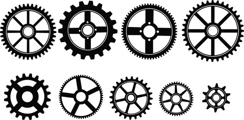 Gear Cogwheel Icon Set Featuring Industrial Mechanical Cogs in Black Silhouette Outline Vector Illustration Collection for Engineering Design