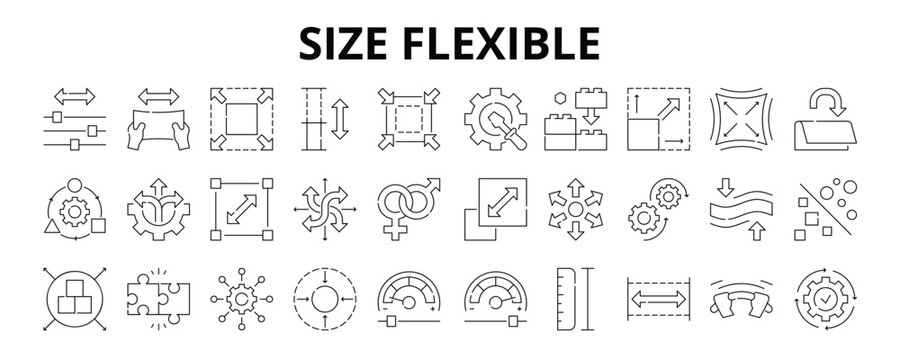30 Size Flexible Line Icons Vector - Adjustable, Stretchable, Expandable, Extendable, Elastic, Flexibility, Adaptability, Customizable