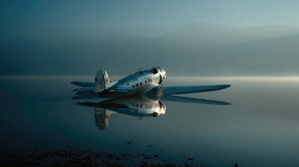 Fototapeta premium Cinematic View of Airplane Partially Submerged in Mountain Lake – Tranquil Fog and Water Reflection 