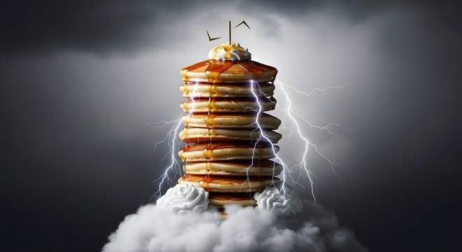 Impossible Pancake Stack Reaching Stormy Sky with Lightning Rod, Photorealistic Dramatic Lighting, Delicious Tension.