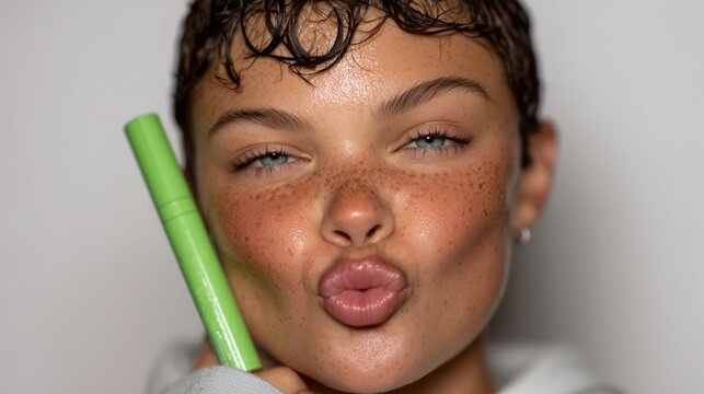 Kiss, makeup with closeup of woman for glow, self care and cosmetics. green ink Shine, beauty salon and glamour with pout lips of person for aesthetic, mouth and cosmetology treatment. High quality ph