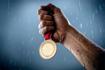 Wet hand holding gold medal in rain. Achievement through hardship