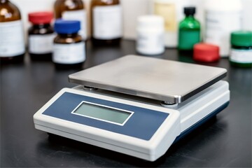 Digital laboratory scale on workbench with bottles. Scientific measurement equipment