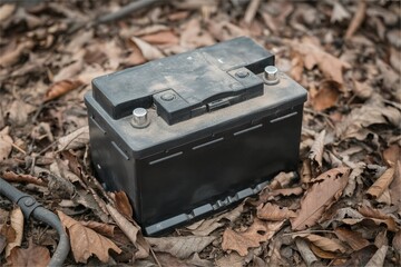 old depleted car battery on forest ground. Hazard risk from used battery