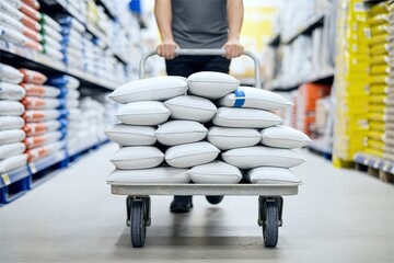 Worker push cart with cement bags in store. Construction material supply chain