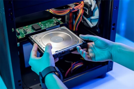 person install hard disk drive inside desktop computer. Data storage upgrade