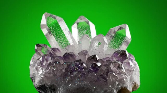 Magnificent Natural Crystal Cluster Showcasing Luminous Clear Quartz Points and Rich Purple Amethyst Formation, Set Against a Striking Green Backdrop