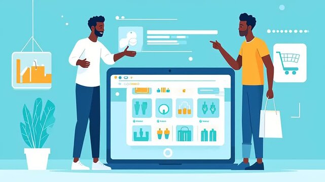 Men Interacting with Ecommerce Website on Screen.