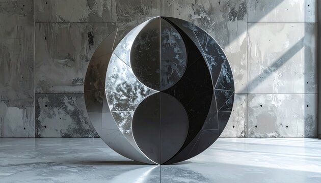 A modern minimalist geometric yin yang sculpture in a concrete interior setting, symbolizing balance and harmony.
