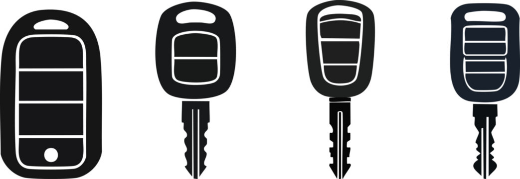 Four black and white digital icons of car keys with different button designs, displayed side by side.
