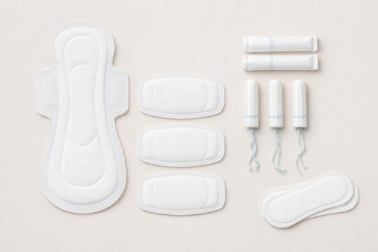 Collection of sanitary pads and tampons neatly arranged on a soft beige background, illustrating choice, protection and discreet feminine hygiene solutions.