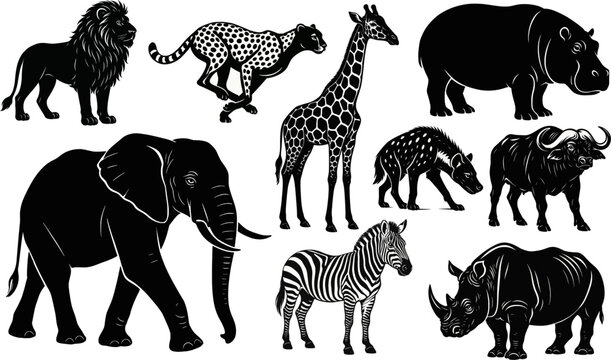 African safari animals silhouette collection vector set