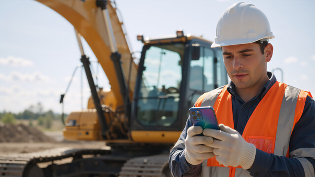 Construction worker using smartphone near excavator. Engineer with mobile phone and heavy machinery at site. Industrial technology concept