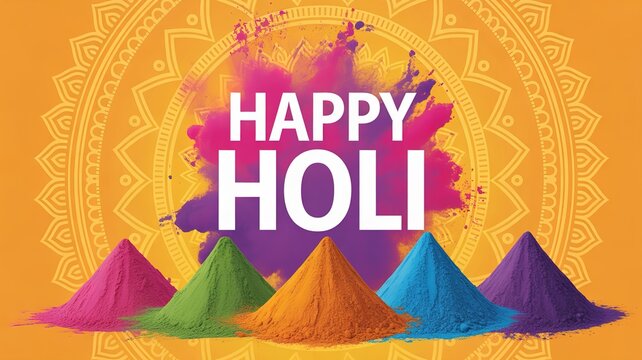 Vibrant Holi celebration with colorful powder piles and festive background