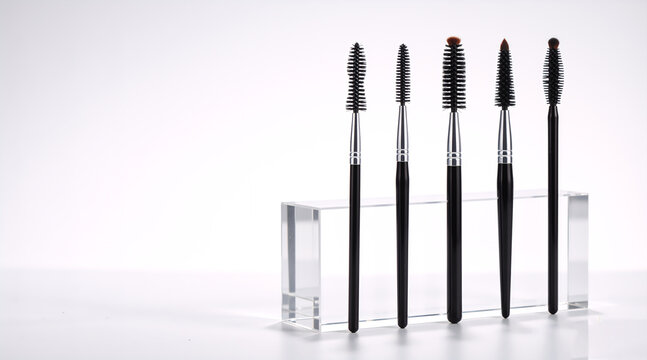 Professional mascara and eyebrow spoolie brushes in a clear holder. Makeup tools set on white background. Cosmetic applicator collection