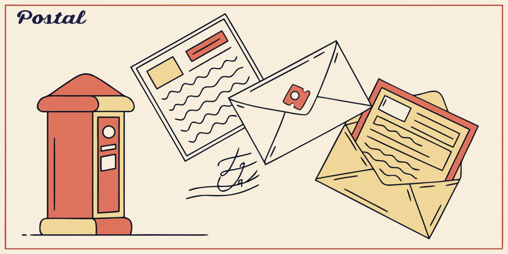 Illustration of a red postbox with envelopes and letters scattered around it