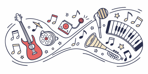 A whimsical illustration of musical instruments and notes floating in a dreamy landscape © arshad