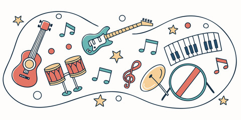 A vibrant illustration of various musical instruments and notes floating in a whimsical cloud. © arshad